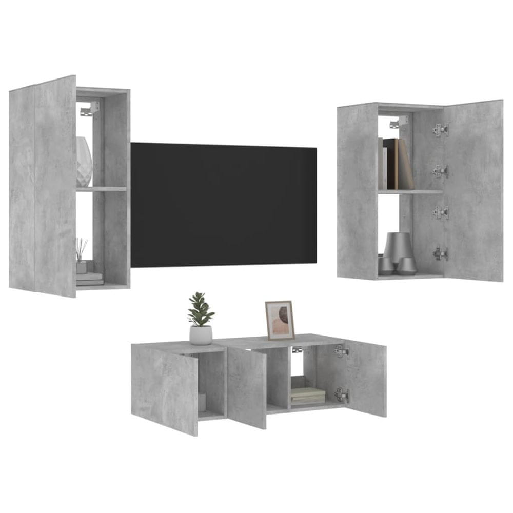 Vidaxl 4-dielne TV nástenné skrinky s LED betónovo sivé kompozit.drevo